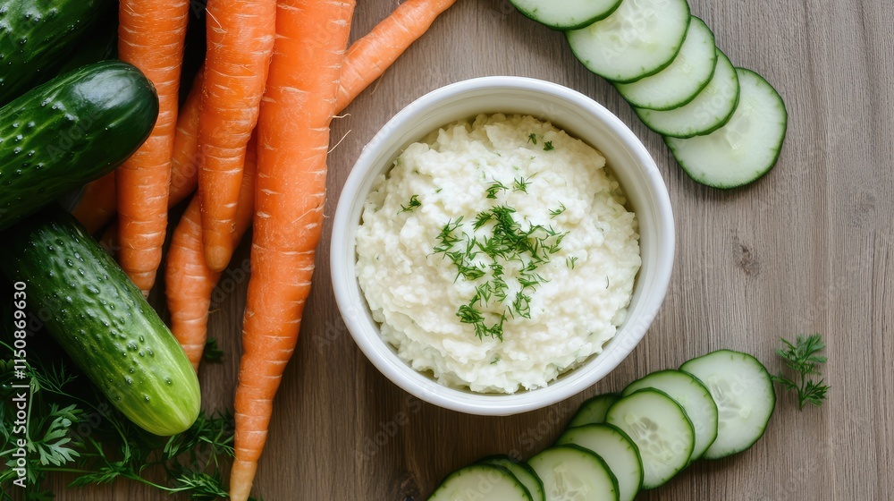 Fresh Vegetables and Creamy Dip on Wooden Table Surface Fresh Vegetables and Creamy Dip on Wooden Table Surface