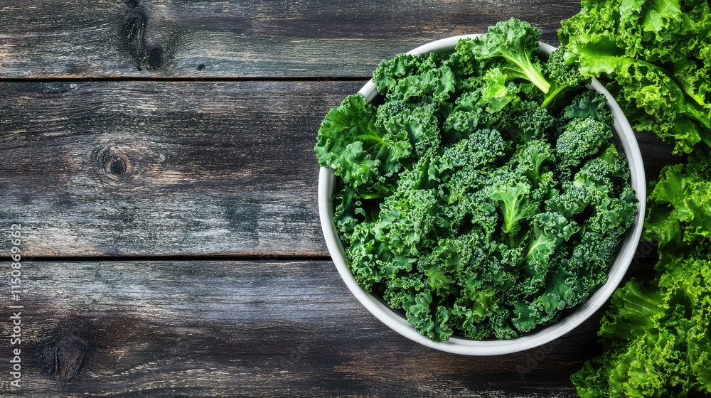 Fresh Green Kale Leaves in Bowl on Rustic Wooden Table