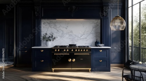 Luxury dark blue kitchen with black range, gold accents, marble backsplash. photo