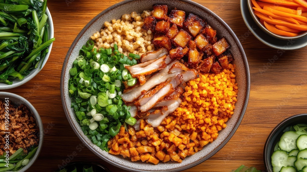 Vibrant Asian Inspired Rice Bowl with Colorful Fresh Ingredients Vibrant Asian Inspired Rice Bowl with Colorful Fresh Ingredients