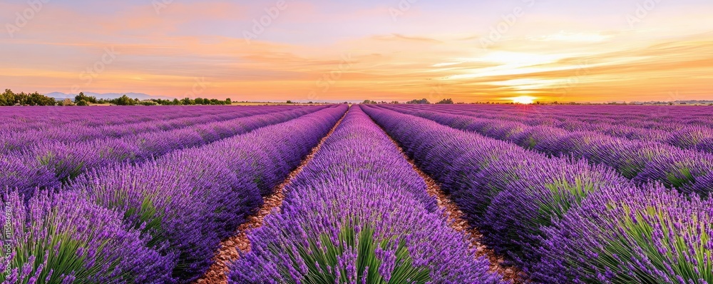 Obraz premium Serene nature idea. Vibrant lavender field at sunset displaying rows of blooming purple flowers.