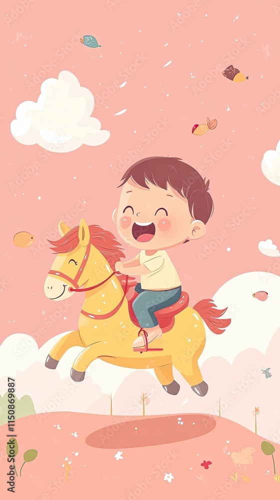 Happy Boy Riding a Yellow Toy Horse in the Sky Happy Boy Riding a Yellow Toy Horse in the Sky