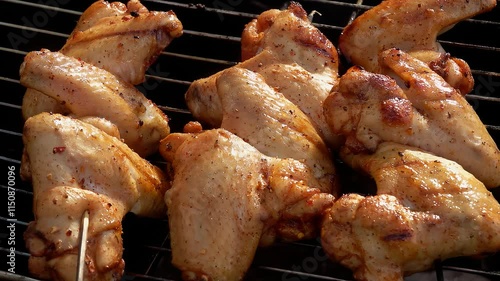 Tongs flip marinated chicken wings on wooden skewers onto a grill over a fire. Close-up. High quality 4k footage