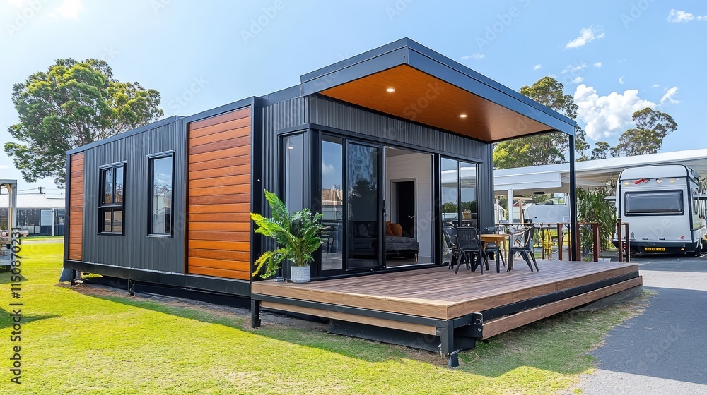 Fototapeta premium Modern Prefabricated House Surrounded by Green Landscape and Sky
