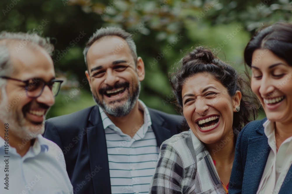 Group of business people having a meeting in the park and laughing. Group of business people having a meeting in the park and laughing.