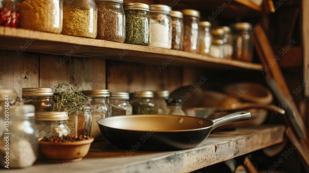 Rustic Kitchen Shelf with Glass Jars and Cooking Pan Rustic Kitchen Shelf with Glass Jars and Cooking Pan