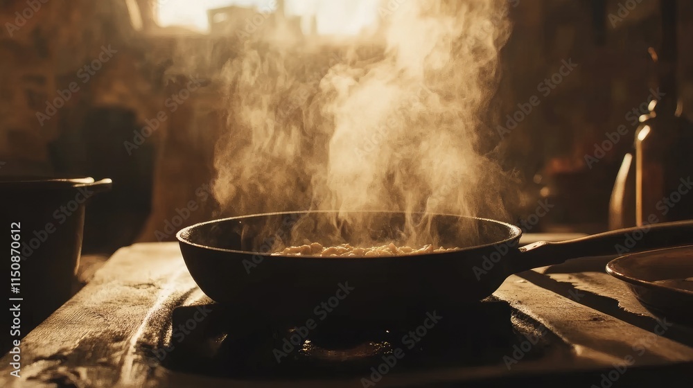 Cooking with steam rising in a skillet on a rustic stove Cooking with steam rising in a skillet on a rustic stove