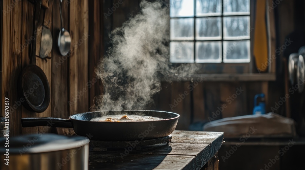 Cooking in a Rustic Kitchen with Steam Rising from a Pan Cooking in a Rustic Kitchen with Steam Rising from a Pan