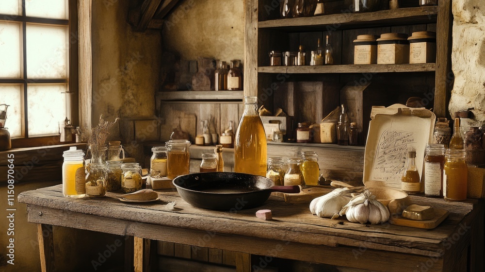 Fototapeta premium Rustic Kitchen with Wooden Table and Jars of Ingredients