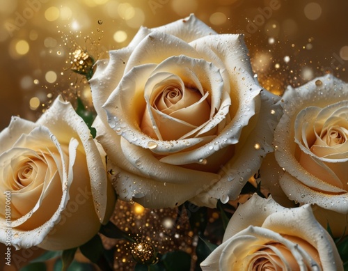 white roses on a gold background with glitter