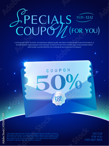 3d premium coupon inside an envelope with CTA button, percent price off, coupon code, isolated on deep blue background with glowing light effect. Luxurious Gift voucher banner template in 3d vector