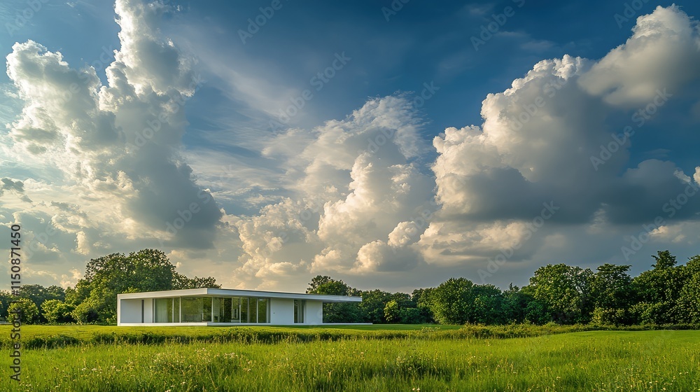 Modern minimalist house in lush green field under dramatic clouds Modern minimalist house in lush green field under dramatic clouds