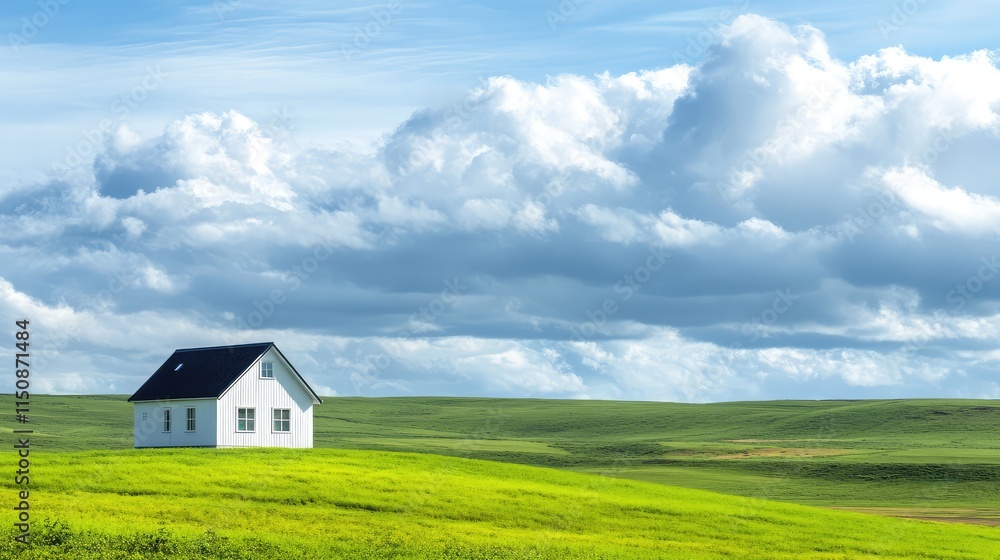 Serene White House on Green Hill Under Bright Blue Sky and Clouds Serene White House on Green Hill Under Bright Blue Sky and Clouds