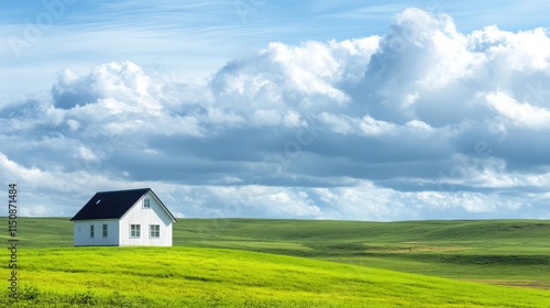 Serene White House on Green Hill Under Bright Blue Sky and Clouds