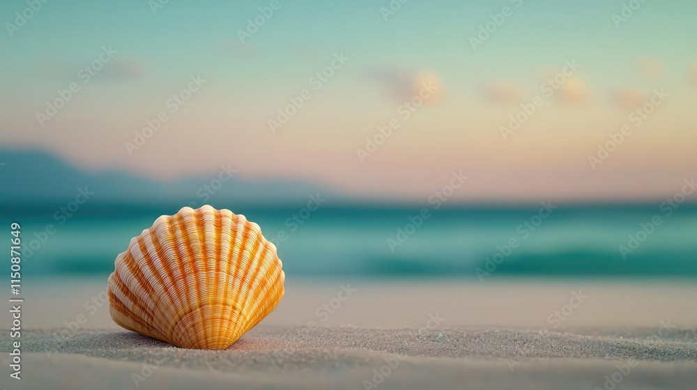 Serene nature concept. A vibrant shell rests gracefully on the sandy beach at sunset, capturing serene beauty. Serene nature concept. A vibrant shell rests gracefully on the sandy beach at sunset, capturing serene beauty.
