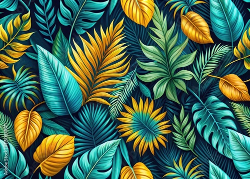 Wallpaper Mural Hand-drawn turquoise and yellow tropical leaves on a dark background create a vibrant, seamless, abstract floral pattern. Torontodigital.ca