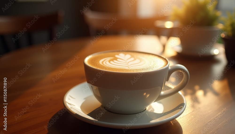 Warm latte in a white cup with latte art on a wooden table in natural light Warm latte in a white cup with latte art on a wooden table in natural light
