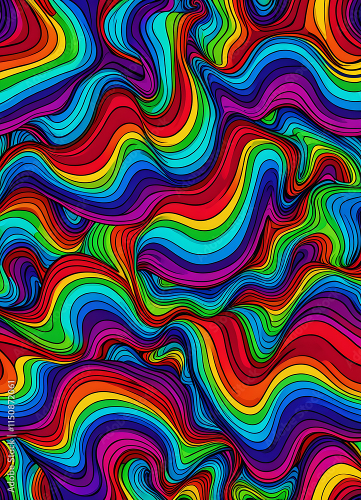 Seamless psychedelic rainbow ridged topological map pattern background texture. Trippy hippy abstract wavy swirls dopamine dressing style fashion motif. Bright colorful neon retro wall. IMAGE 2025
