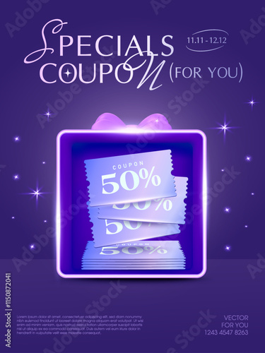 3d new coupons inside an gift box, percent price off, coupon code, isolated on dark purple background with shining effect. Gift vouchers banner template in 3d vector. Vector illustration