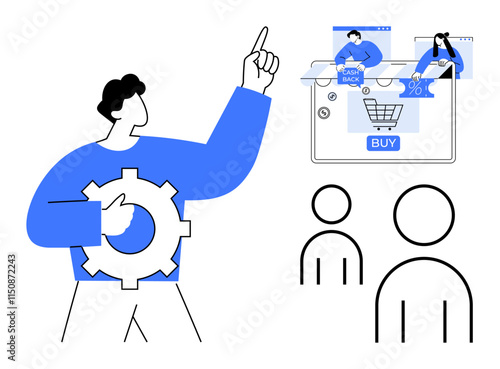 Man holding gear points to online shopping screen with buy button, discount, cashback icons. Ideal for e-commerce, online shopping, digital marketing, technology, customer engagement, transactions