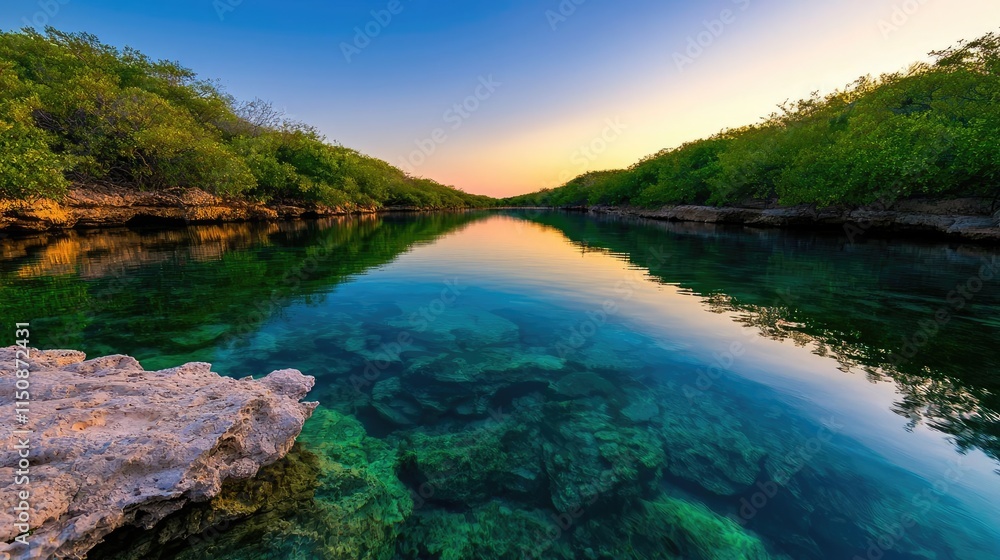 Serene nature concept. A serene river reflecting the vibrant sunset and lush greenery along its banks. Serene nature concept. A serene river reflecting the vibrant sunset and lush greenery along its banks.