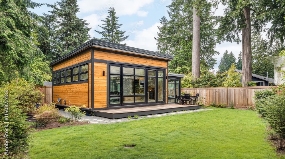 Modern Wooden House Surrounded by Lush Greenery in Tranquil Setting Modern Wooden House Surrounded by Lush Greenery in Tranquil Setting