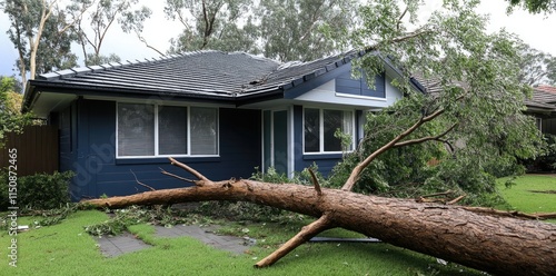 Fallen tree on home - gale aftermath, intense weather, tempest damage, roof renovation, home coverage process, foliage removal, calamity response, dwelling repair, storm clearance, structural fix.