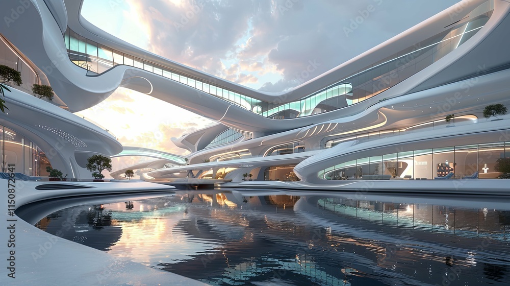 Fototapeta premium Futuristic Architectural Design: A Serene Water Feature at Sunset