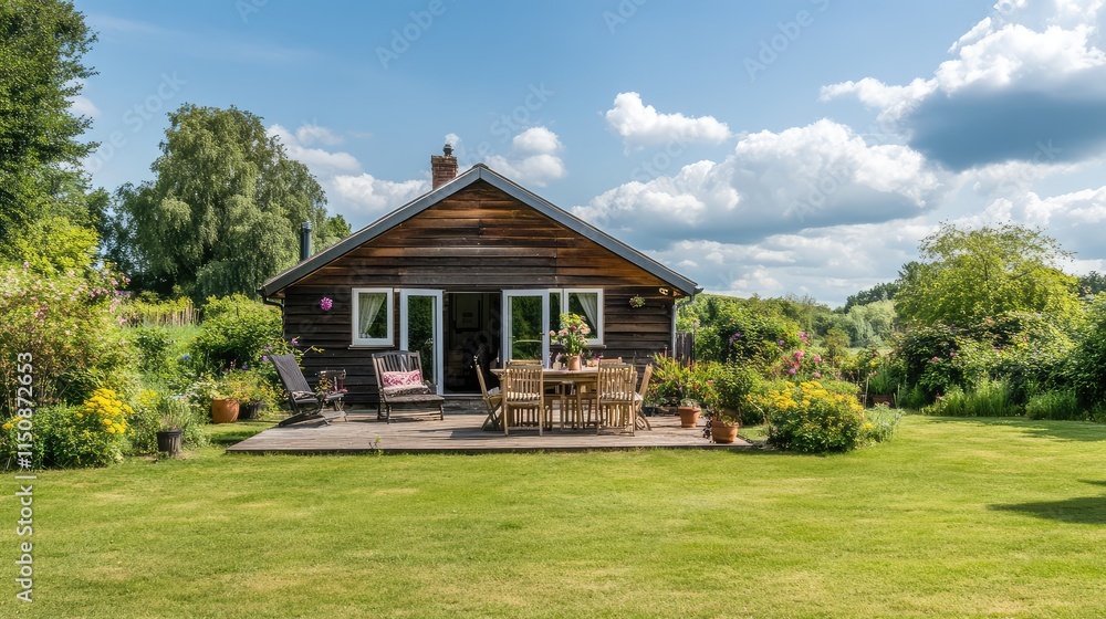 Fototapeta premium Charming Wooden Cottage Surrounded by Lush Green Gardens and Sky