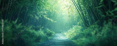 Serene nature idea. A serene pathway through lush bamboo forest, capturing the essence of tranquility and nature. photo