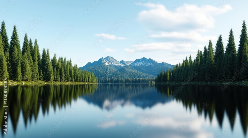 Serene nature idea. A serene lake surrounded by tall pine trees and distant mountains against a clear blue sky. Serene nature idea. A serene lake surrounded by tall pine trees and distant mountains against a clear blue sky.
