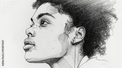 Pen sketch of a young woman's profile, looking upwards, with detailed hair and facial features.