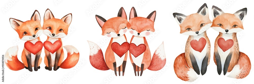 Fototapeta premium Three pairs of cute foxes with hearts, showcasing love and friendship in a whimsical, colorful watercolor style.