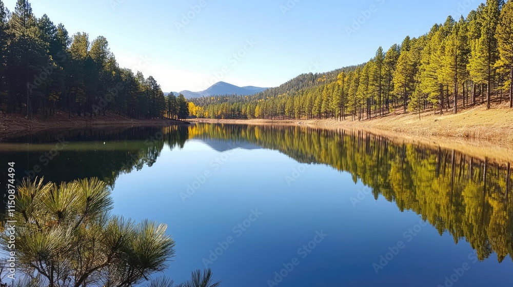 Serene nature concept. Serene lake surrounded by lush forest reflecting stunning mountains in clear blue sky. Serene nature concept. Serene lake surrounded by lush forest reflecting stunning mountains in clear blue sky.