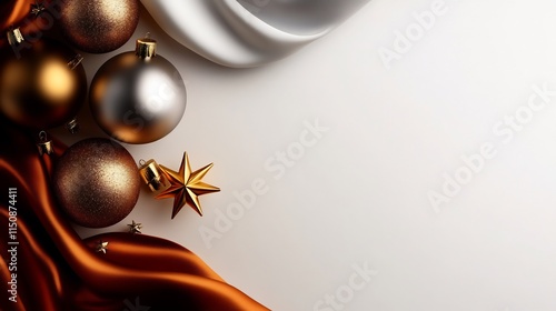 Elegant Christmas Ornament Composition: Gold, Silver, and Bronze Baubles on Luxurious Silk photo