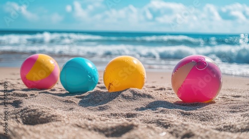 Colorful Beach Balls on Sand with Waves in Bright Sunny Weather