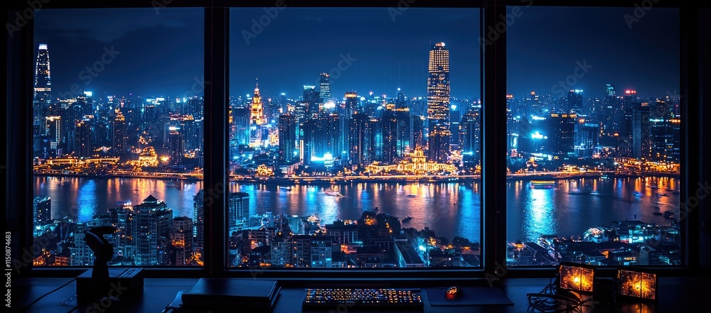 Obraz premium A vibrant city skyline illuminated at night with reflections on the water.
