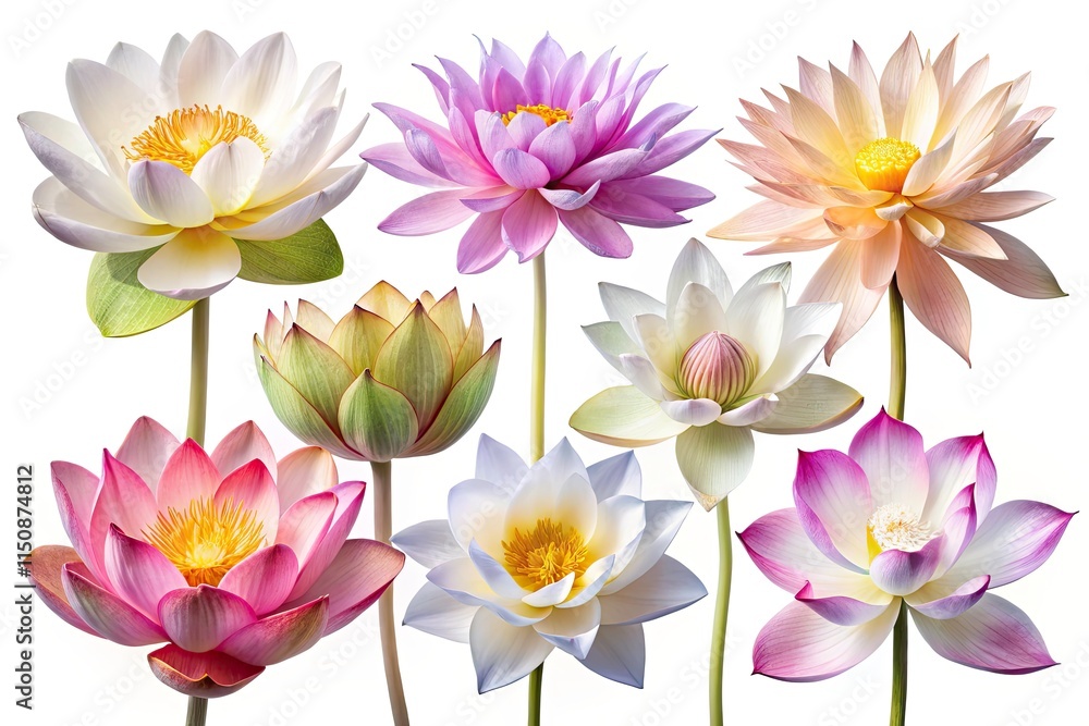 Fototapeta premium Long Exposure Lotus Photography: Stunning White Background Floral Images, High-Resolution Lotus Flower Pictures, Beautiful Water Lily Blooms