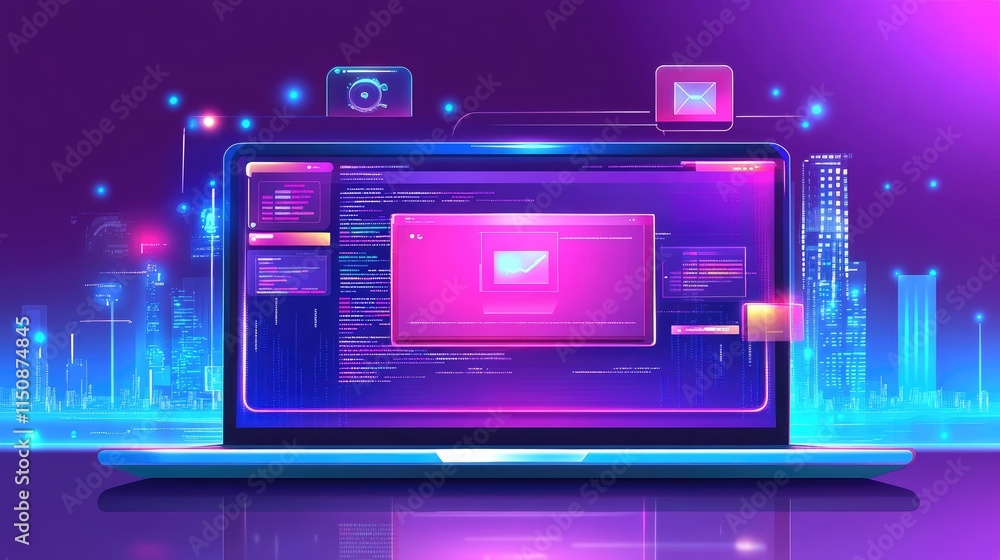 Obraz premium Futuristic Laptop Displaying Code with Vibrant Digital Elements