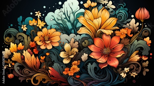 Ornate floral artwork; vibrant, dark background.