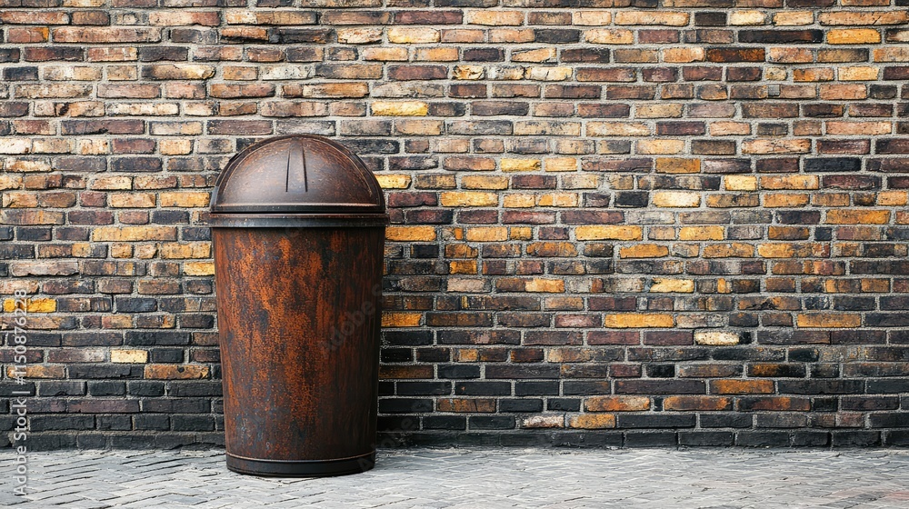 Obraz premium Vintage Trash Can Against Rustic Brick Wall in Urban Setting
