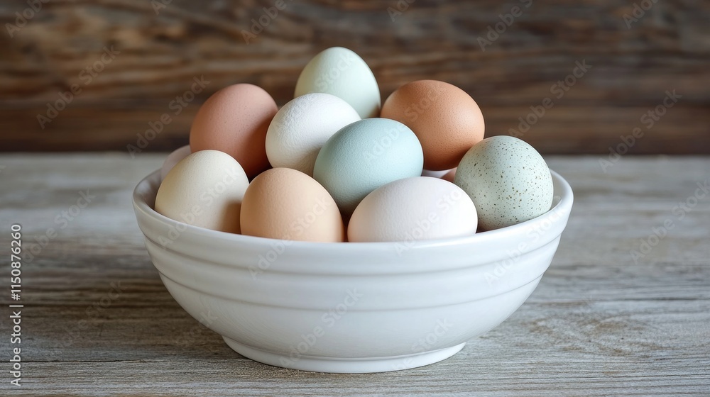 Colorful Fresh Eggs in a White Bowl on Wooden Table Surface Colorful Fresh Eggs in a White Bowl on Wooden Table Surface