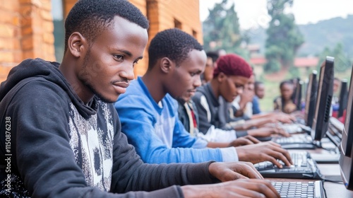Focused young African men using computers in a row.