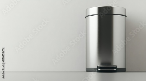 Modern stainless steel trash can on a clean and minimal surface photo