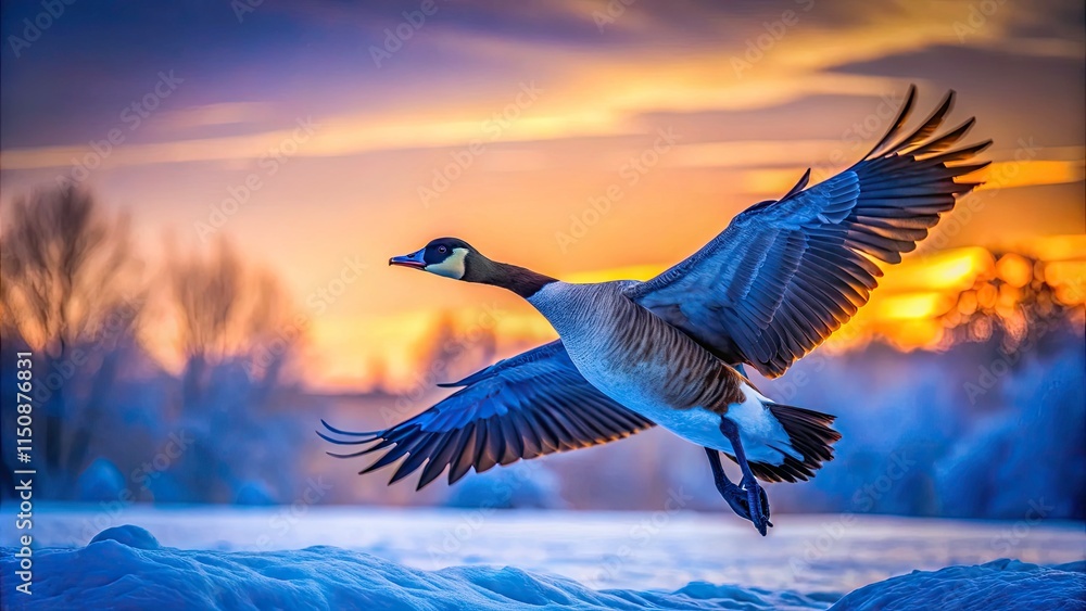 Fototapeta premium Majestic Canada Goose in Flight, Snowy Winter Landscape, Low Light Photography, Wildlife, Nature