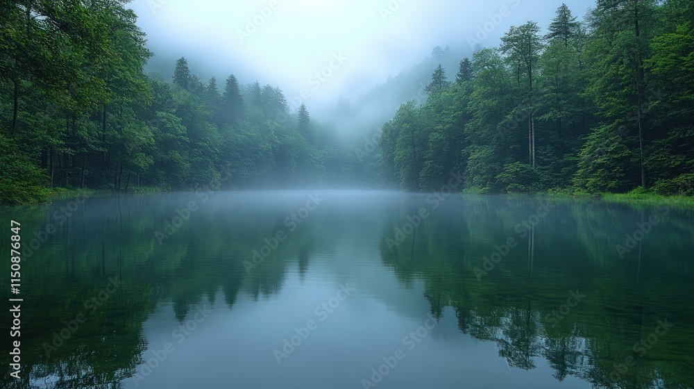 Misty lake reflecting tranquil forest. Misty lake reflecting tranquil forest.