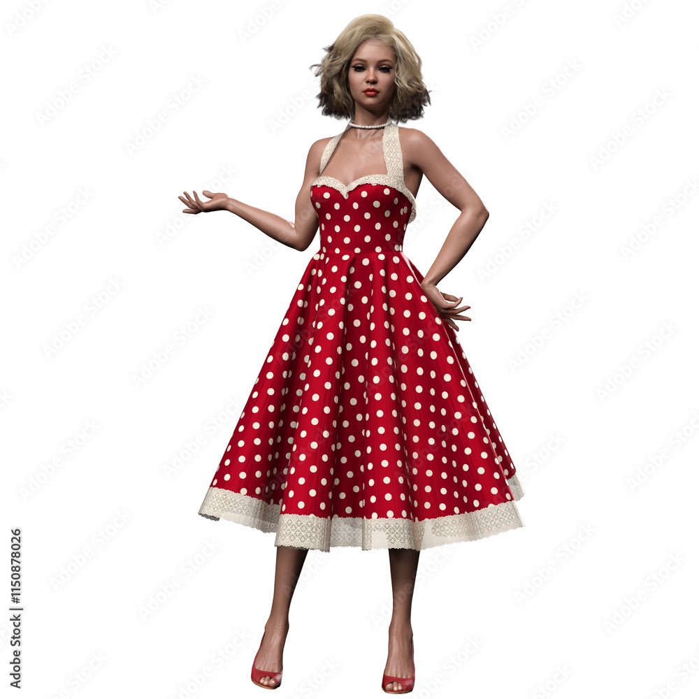 3D Rendered Fifties Traditional Housewife in Red Polkadot Swing Dress and Peep-toe Heels with Short Blonde Curls in Fantasy Magic Pose 3D Rendered Fifties Traditional Housewife in Red Polkadot Swing Dress and Peep-toe Heels with Short Blonde Curls in Fantasy Magic Pose