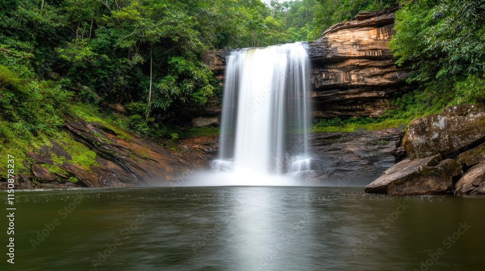 Obraz premium Serene nature idea. A serene waterfall cascades into a tranquil pool, surrounded by lush greenery.