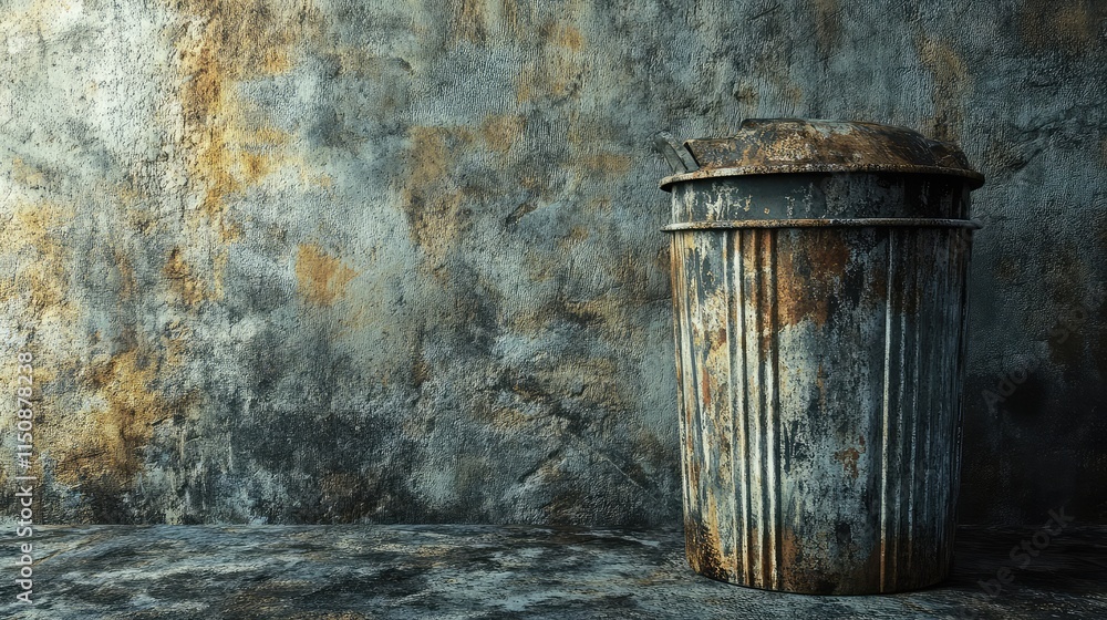 Rusty Metal Trash Can Against a Grungy Wall Texture Background Rusty Metal Trash Can Against a Grungy Wall Texture Background