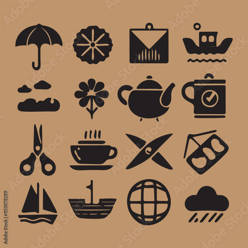 vector icon sheet of different type of element . like umbrella , boat , cloud, flower, mail box etc